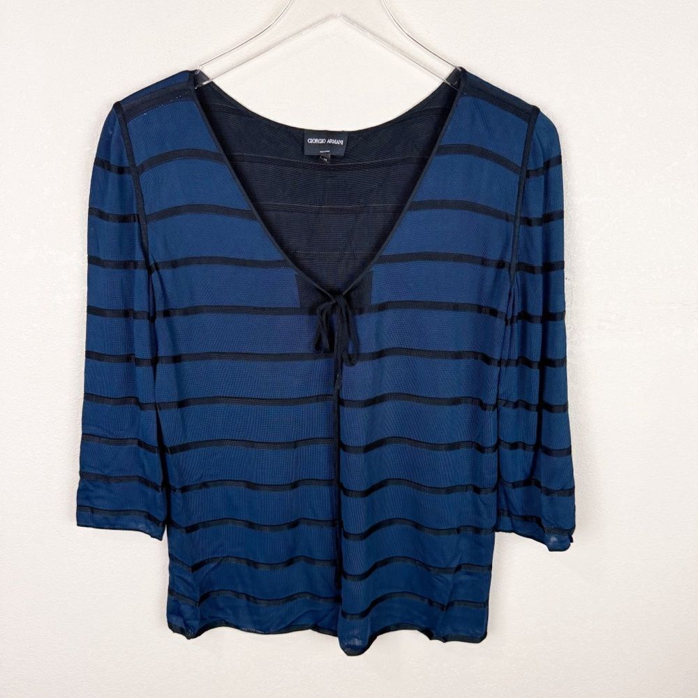 Giorgio Armani Stripe Navy Black Blouse Top Silk Size L (46)